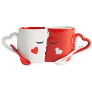 Heart-Shaped Red and White Mug Set with Spoons NWT
